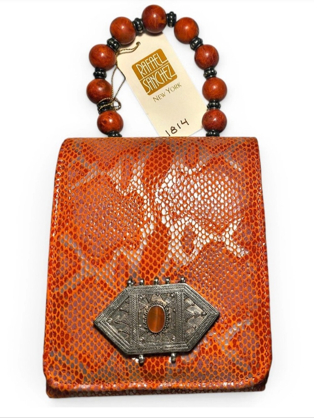 Rafael Sanchez NY Python Embossed Leather Box Bag Wood Bead Handle Minaudiere